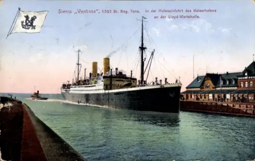 Ak Dampfschiff Sierra Ventana, Norddeutscher Lloyd Bremen, Kaiserhafen, Lloyd Wartehalle