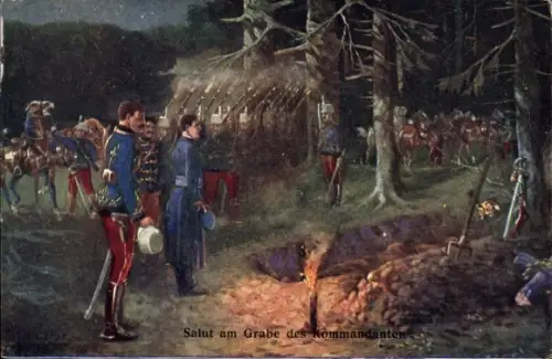 Künstler Ak Salut am Grabe des Kommandanten, Kuk Soldaten, Pferde, I. WK