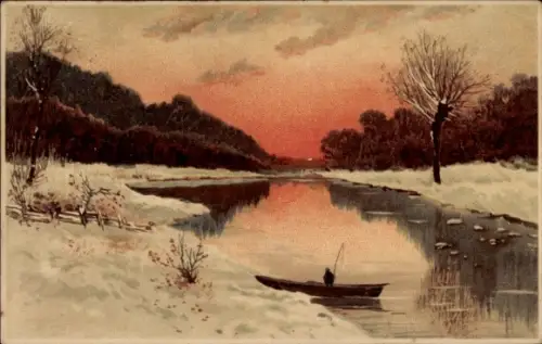 Ak Mann im Ruderboot beim Angeln, Fluss, Winter, Schnee