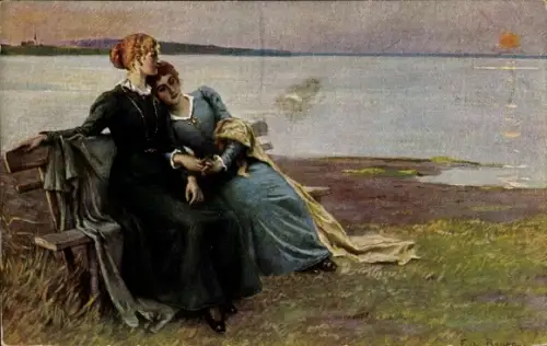 Künstler Ak Raupp, F., Sonnenuntergang, Zwei Frauen, Sitzbank