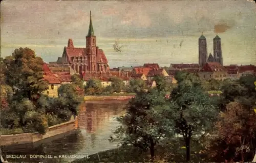 Künstler Ak Wrocław Breslau Schlesien, Dominsel und Kreuzkirche