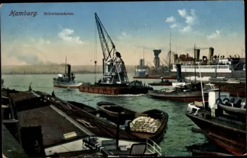 Ak Hamburger Hafen, Schwimmkran, Schleppschiff, Dampfer