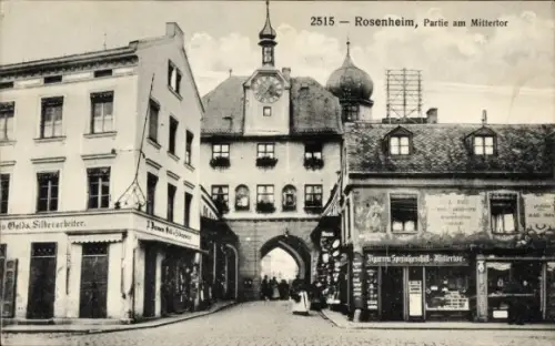 Ak Rosenheim Oberbayern, Blick auf Mitteltor, Geschäfte