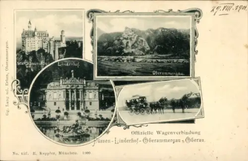 Ak Oberammergau in Oberbayern, Neuschwanstein, Linderhof, Vierergespann, Panorama