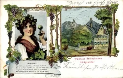 Ak Königswinter am Rhein, Weinhaus Bellinghausen, Frau mit Weinglas, Weintrauben, Rheinwein