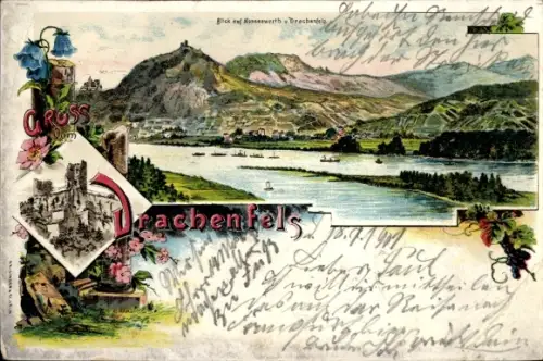 Litho Königswinter am Rhein, Drachenfels, Drachenburg