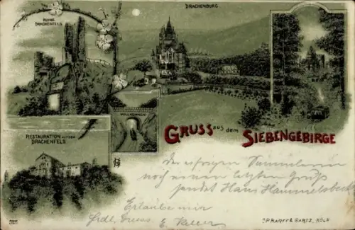Mondschein Litho Königswinter am Rhein, Drachenfels, Siebengebirge, Restauration