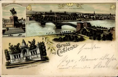 Litho Koblenz am Rhein, Kaiser Wilhelm Denkmal, Kaiserin Auguste Denkmal, Panorama, Eisenbahnbrücke