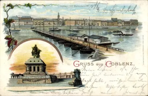 Litho Koblenz in Rheinland Pfalz, Stadtansicht mit Pontonbrücke, Kaiser Wilhelm I Denkmal