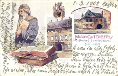 Wappen Ak Mainz am Rhein, Johann Gutenberg, Erfinder der Buchdruckerei, Geburtshaus