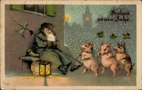 Ak Glückwunsch Neujahr, Nachtwächter, Tanzende Schweine, Glücksklee