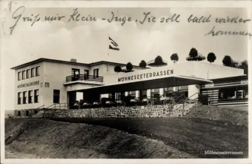 Ak Möhnesee in Westfalen, Möhneseeterrassen, Pension Möhneseeterrassen, Bahnhof Möhnetalsperre
