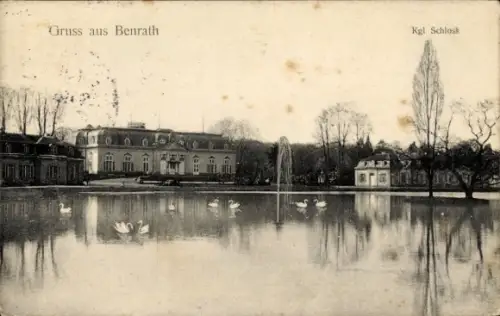 Ak Benrath Düsseldorf am Rhein,  Kgl. Schloss, Schlossweiher mit Fontäne und Schwänen