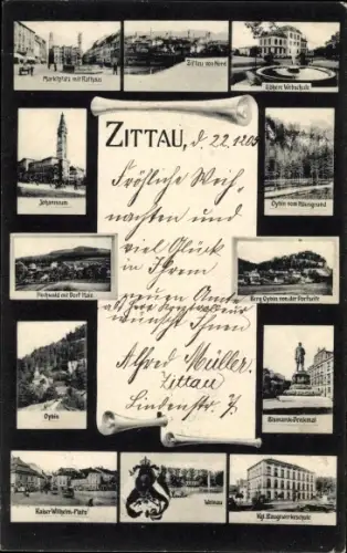 Ak Zittau in Sachsen, Marktplatz mit Rathaus, Burg Oybin, Karl-Wilhelm-Platz, Kgl. Baugewerbeschule