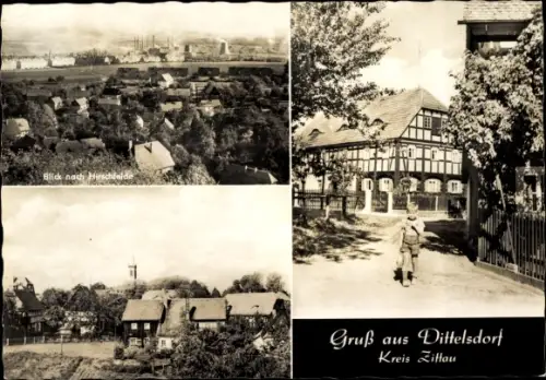 Ak Dittelsdorf in der Oberlausitz Zittau Sachsen, Blick nach Hirschfelde, Kind vor Fachwerkhaus