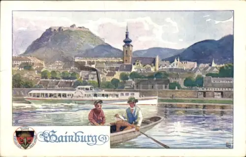 Künstler Ak Hainburg an der Donau Niederösterreich, Gesamtansicht, Dampfer, Ruderboot