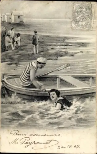 Ak Mann im Ruderboot, Frau im Wasser, Strandleben, Strandkorb