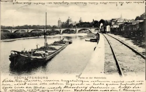 Ak Aschaffenburg in Unterfranken, an der Mainbrücke, Frachtschiff