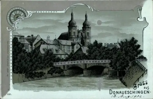 Mondschein Litho Donaueschingen im Schwarzwald, Kirche bei Nacht, Brücke