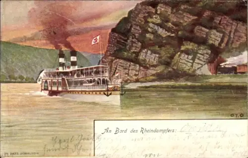 Künstler Litho Rheindampfer auf dem Fluss, Felsen