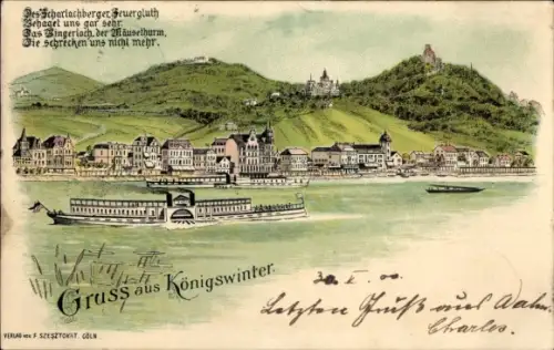Litho Königswinter am Rhein, Panorama, Salondampfer