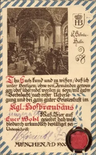 Ak München, Königliche Hofbräu-Halle, Urkunde