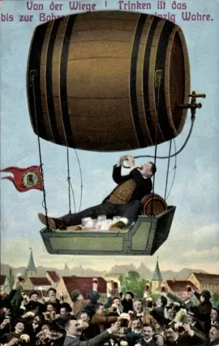 Ak Bierfass als Ballon, Mann trinkt Alkohol