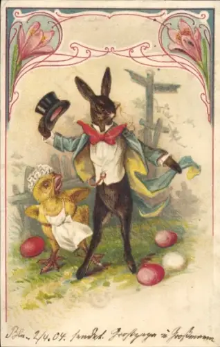 Präge Ak Frohe Ostern, Osterhase mit Frack und Zylinder, Küken mit Haube und Schürze, Ostereier