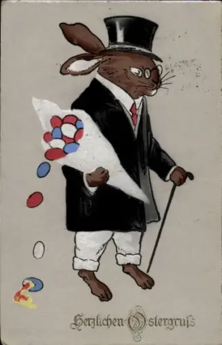 Handgemalt Ak Frohe Ostern, Osterhase mit Zylinder, Spazierstock, Ostereier