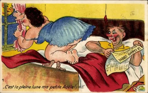 Künstler Ak C'est la pleine lune ma petite Adèle, Vollmond, Bett, Po