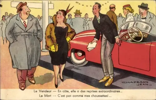 Künstler Ak Chaperon, J., Elegante Menschen, Rotes Auto