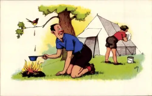 Künstler Ak Depeche toi, c'est cuit, Paar beim Zelten, Vogel