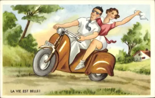 Ak Paar fährt Motorrad, Ausflug
