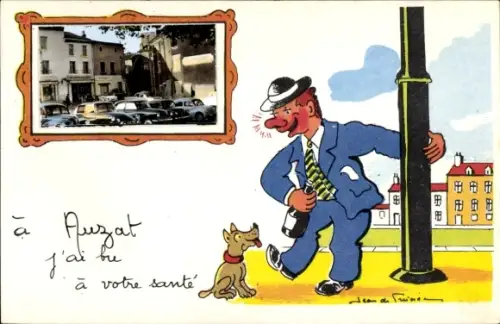 Künstler Ak Betrunkener Mann, Hund, Autos