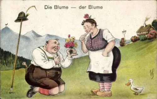 Künstler Ak Mann schenkst seiner Geliebten einen Blumenstrauß, Die Blume - der Blume