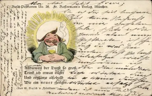 Künstler Ak Wilhelm Busch, Rauchender Mann, Weinglas, Dideldum