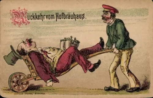 Litho Rückkehr vom Hofbräuhaus, Betrunkener auf einem Holzkarren, Expressbote