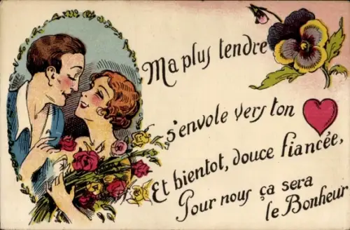 Ak Liebespaar, Blumen, Herz, Stiefmütterchen