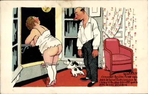 Künstler Ak Frau mit nacktem Po, Mond, Mann, Hund