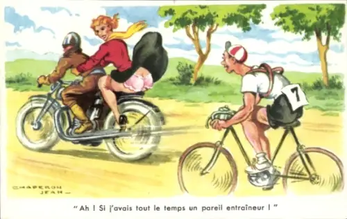 Künstler Ak Chaperon, Jean, Frau auf einem Motorrad, Rock ist hochgeweht, Radfahrer