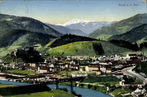 Ak Bruck a.d.Mur Steiermark, Ortschaft, Brücke, Gebirge