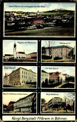 Ak Příbram Pibrans Mittelböhmen, Přibram, Ringplatz mit Pfarrkirche, Paedagogium, Waisenhaus, K.K