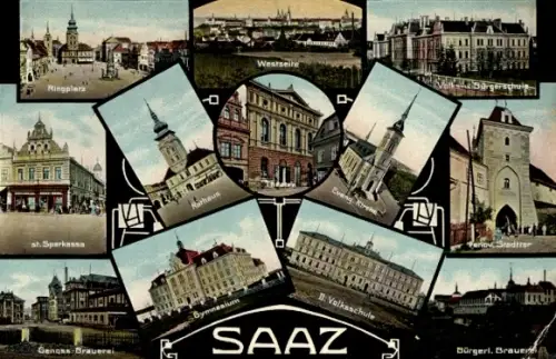 Ak Žatec Saaz Region Aussig, SAAZ, Ringplatz, Westseite, st. Sparkassa, Rathaus, Evang. Kirche, G
