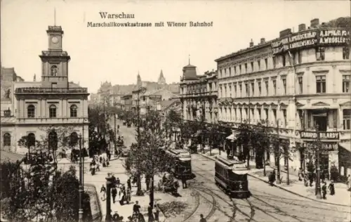 Ak Warszawa Warschau Polen, Marschallkowskastraße, Wiener Bahnhof, Geschäftshäuser, Straßenbahn