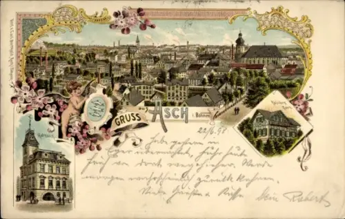 Passepartout Litho Aš Asch Region Karlsbad, Gesamtansicht, Rathaus, Fachwerkhaus
