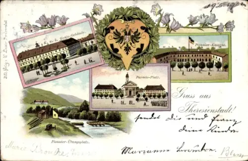 Litho Terezín Theresienstadt Region Aussig, Paradeplatz, Pionierkaserne, Genie Gebäude