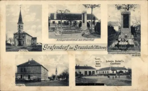 Ak Grafendorf Hrušovany Hruschowan Grussbach Reg Aussig, Kirche, Kriegerdenkmal, Schule