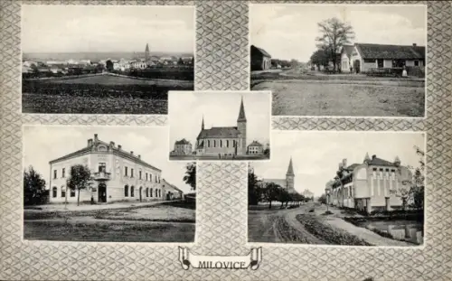 Ak Milovice nad Labem Milowitz Mittelböhmen,  Gesamtansichten, Kirche, Straßenansichten