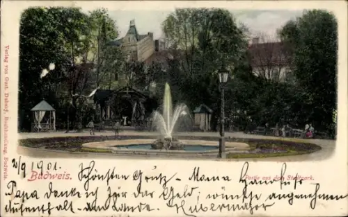 Ak České Budějovice Budweis Südböhmen, Budweis, Park, Springbrunnen, Musikpavillon, Verlag Gust. 