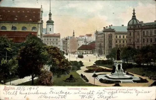 Ak Brno Brünn Südmähren,  Lazansky-Platz, Denkmal Kaiser Josef II